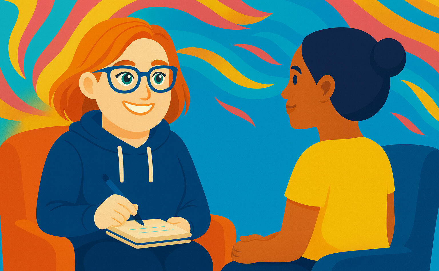 Coaching Stars Laura is taking notes while talking with another woman.