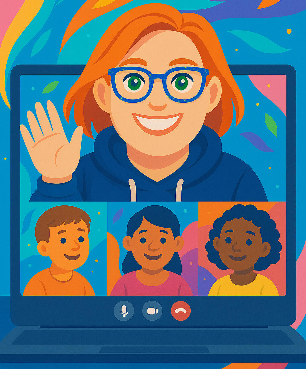 Laura Colter An illustration of Laura Colter smiling in a group chat with 3 children.