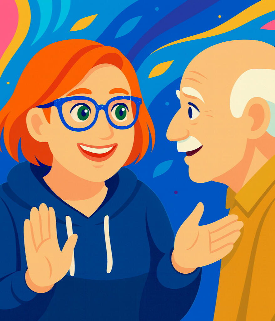 Laura Colter An illustration of Laura Colter smiling next to an old man.