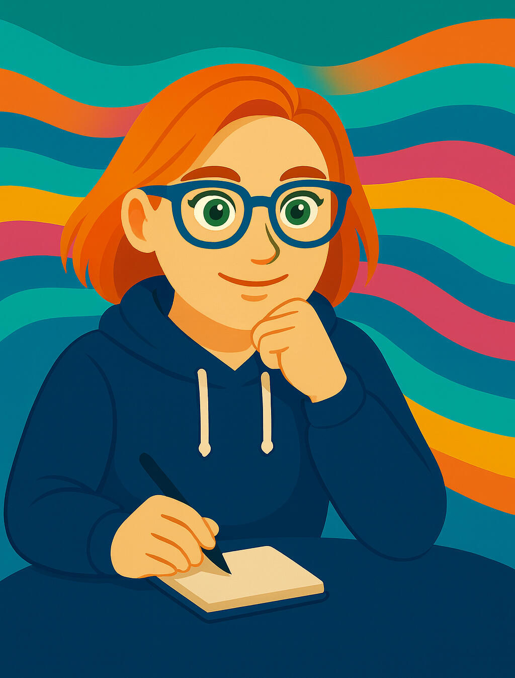 Laura Colter An illustration of Laura focused writing on a notepad.